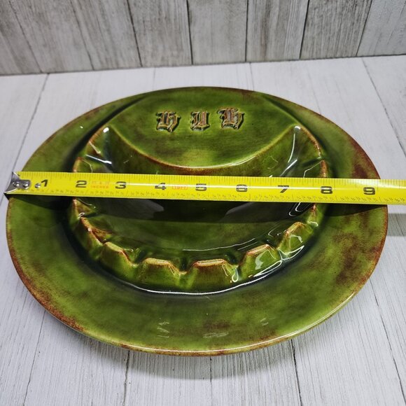 Vtg Glazed Green Two Toned Ceramic Ashtray with 11 Slots German Gothic Markings - Picture 8 of 10